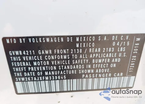 2015 Volkswagen Jetta 2.0L S z USA, uszkodzony, nr VIN 3VW2K7AJXFM339645